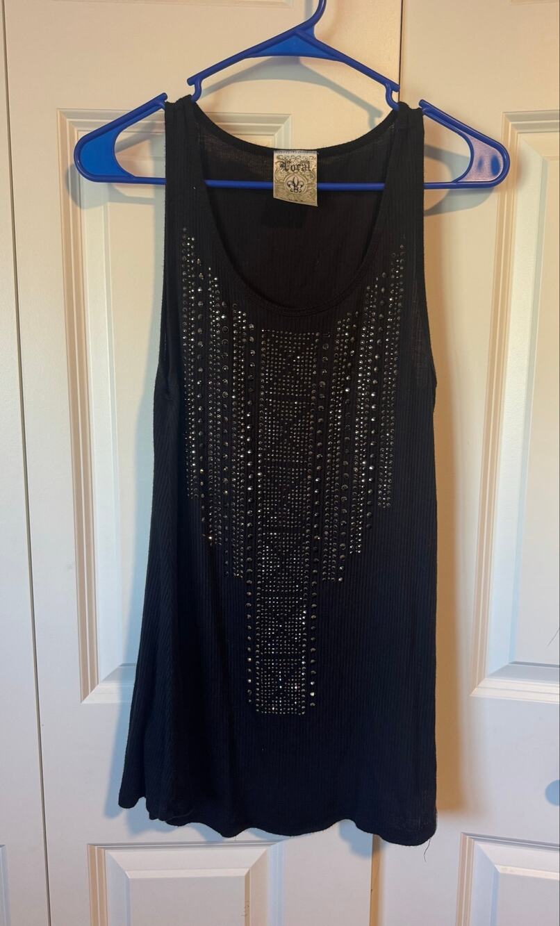 Vocal USA Black Ribbed Tank Top Rhinestone Studded Y2K Grunge Size L